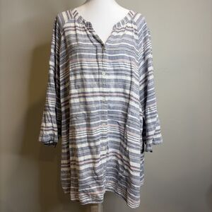 CJ Banks Tunic Sz 3X Womens Blue Striped Button Up Linen Blend Classic Coastal